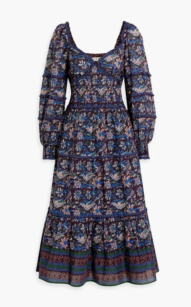 NWT Sea Noah Tiered Shirred Mixed Floral Print Cotton Voile Midi Dress Size 4 Blue - Image 9