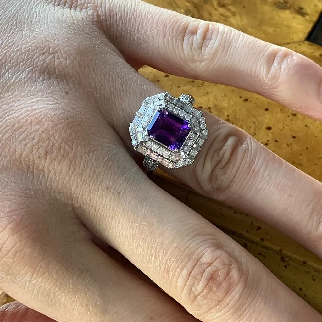 African Amethyst Moissanite Sterling Silver Art Deco Ring Size 6 Purple - Image 4