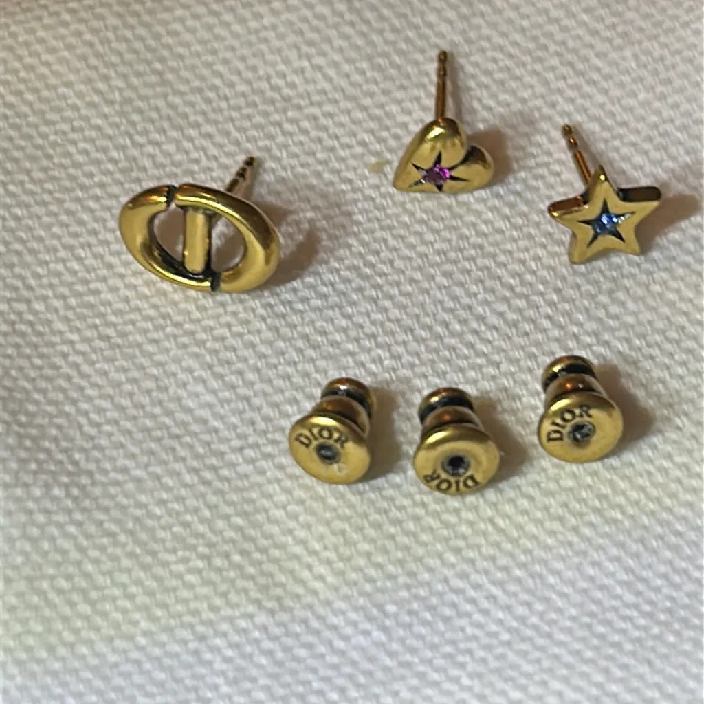 DIOR LUCKY CHARM SET OF STUD Earring Antique Gold-Finish Metal Pink Blue Crystal - Image 7