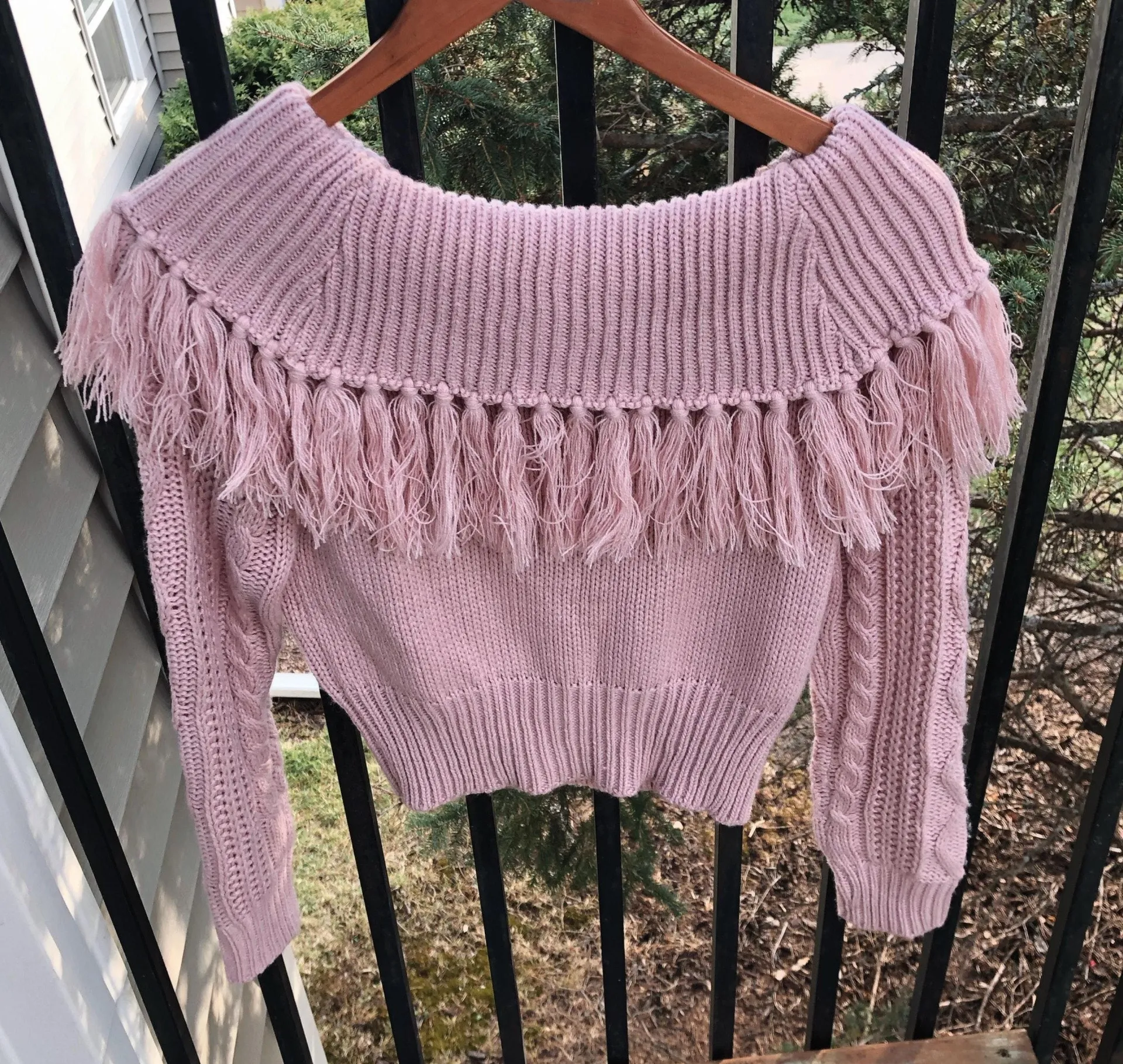 Cable Knit Off Shoulder Fringe Sweater  - Image 3