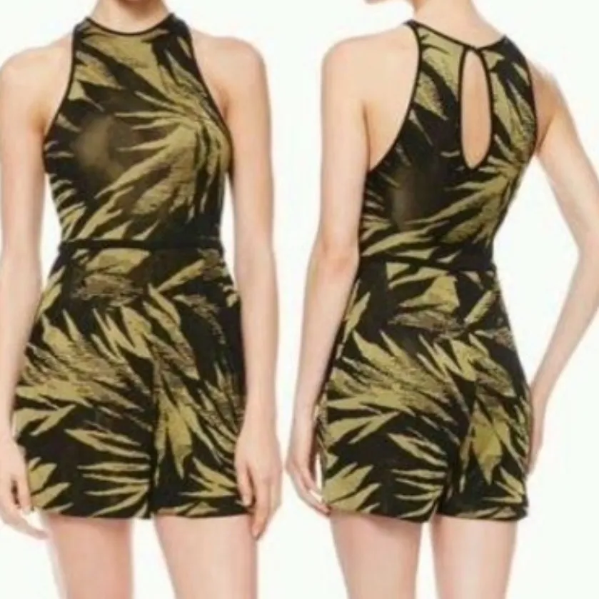 Jason Wu Size‎ M Sleeveless Botanical Knit Romper Black Gold Vacation Resortwear - Image 8