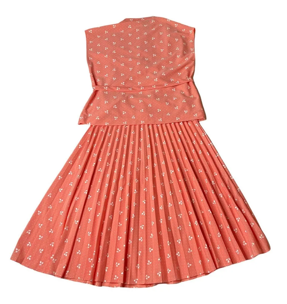 Vintage Marty Gutmacher Peach Polka Dot Floral Pleated Skirt & Blouse Set Sz 12P - Image 6
