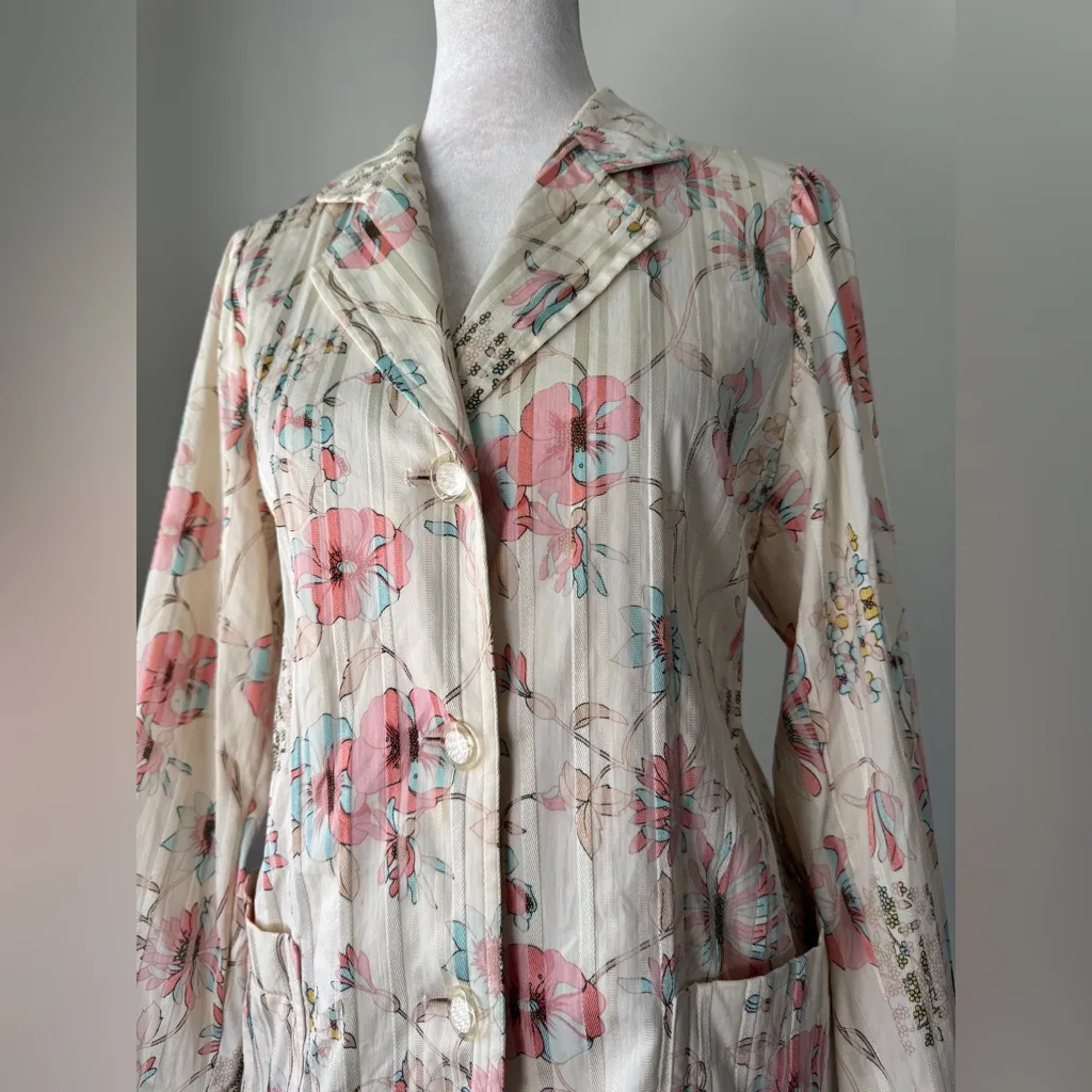 Vintage ‘80s Clover High Class Ivory Floral Print Collared Lightweight Jacket Pink - Image 3