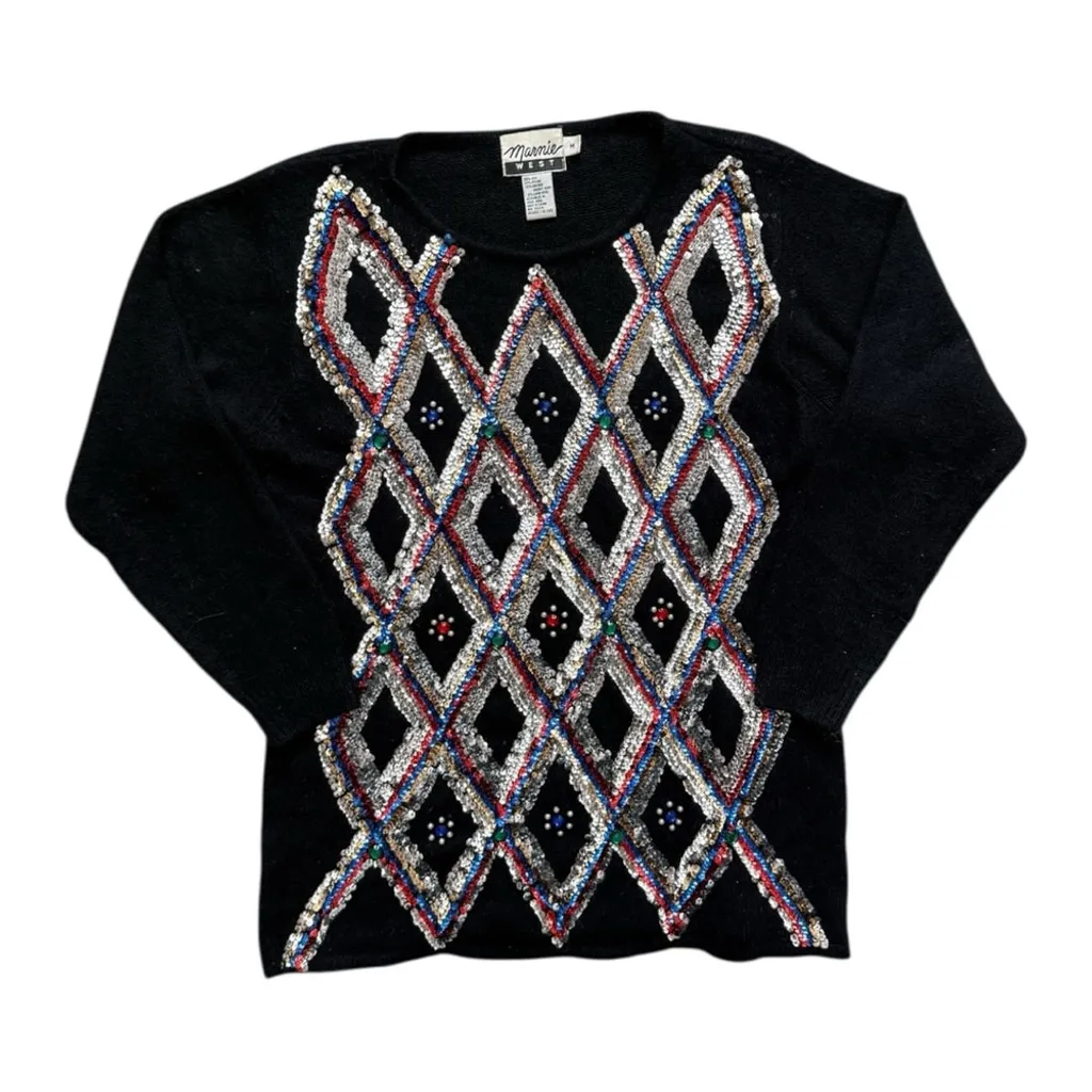 Vintage 80s Marnie West Holiday Sequin Beaded Silk Blend Sweater Size Medium Black - Image 1