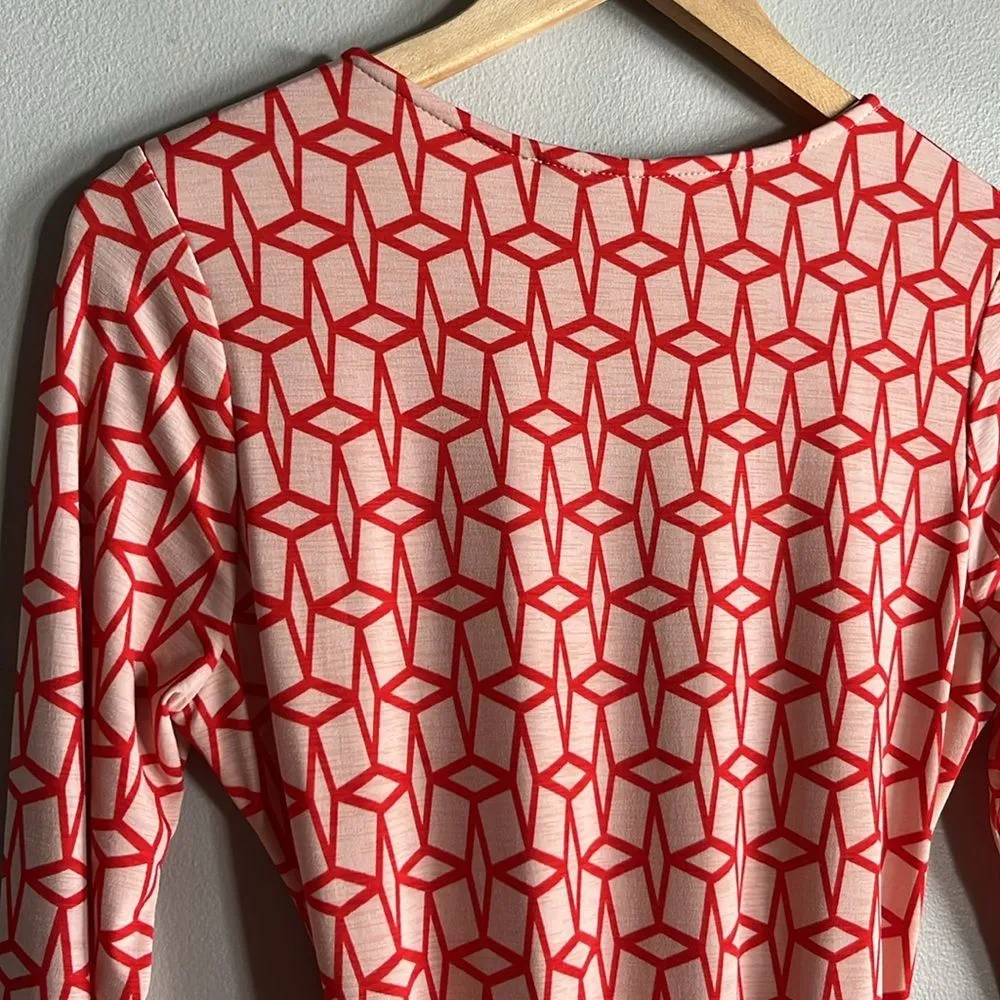 41 Hawthorn Red Geometric Print Wrap Dress M Long Sleeve Belted Knit Size M - Image 8
