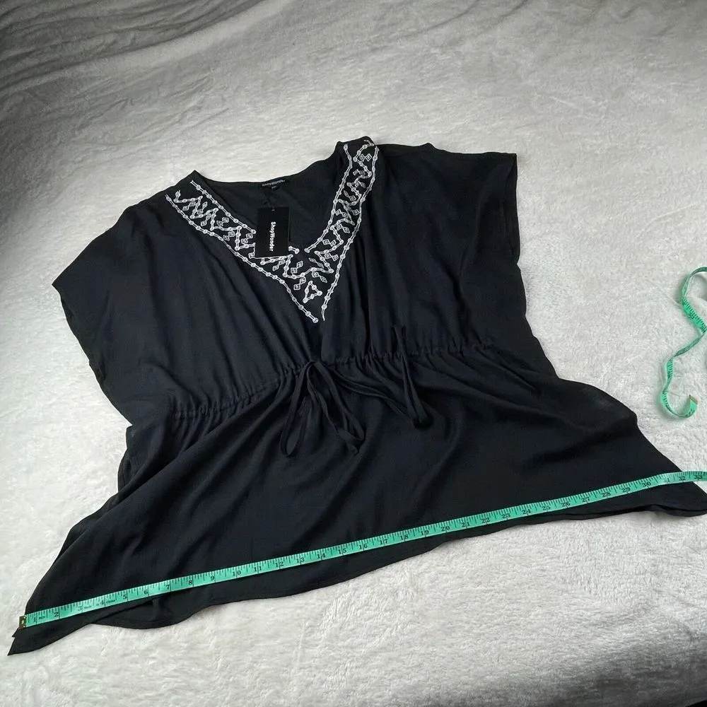 Embroidered Casual Summer Top Womens Size 2XL Black‎ VNeck Shirt Blouse Festival Black - Image 9