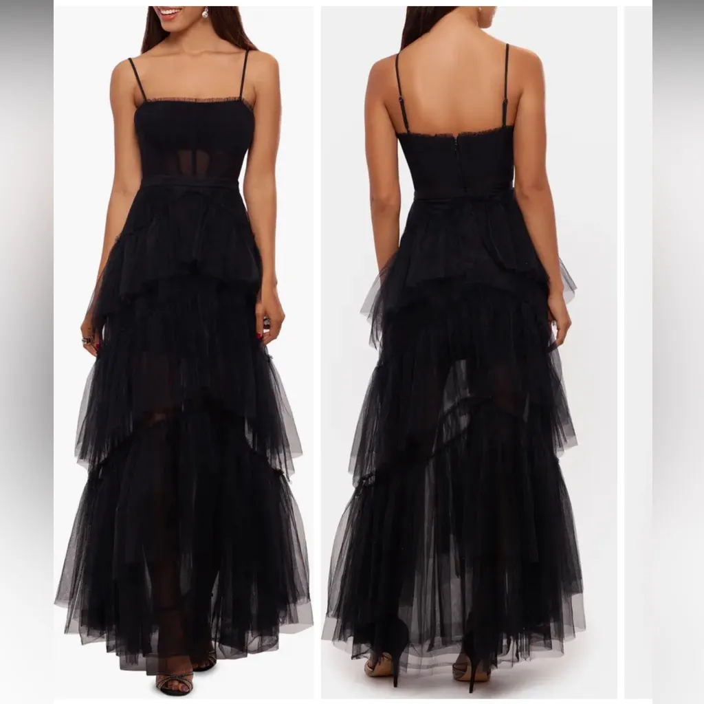 Betsy & Adam‎ Tiered Tulle Corset Black Ball Gown Size 2 NWT - Image 3