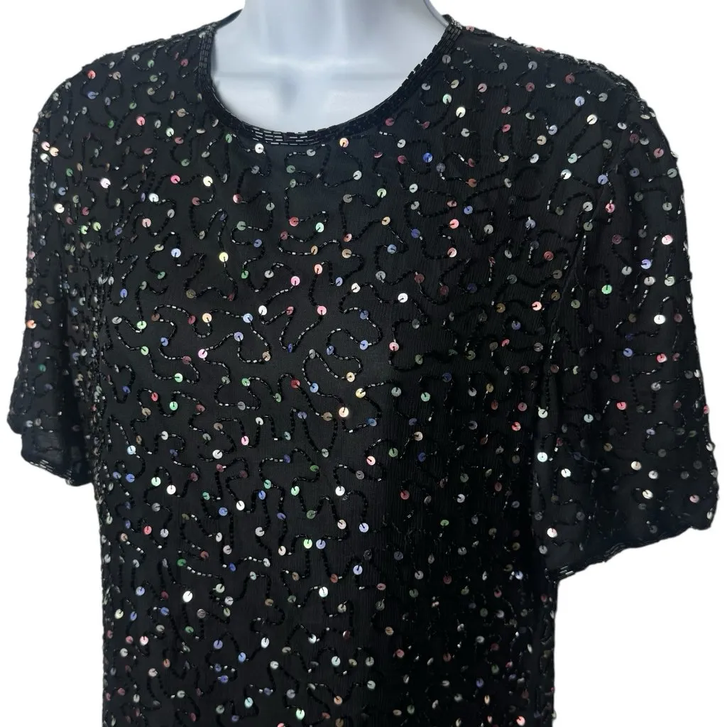 Vintage 100%‎ Silk Rainbow Sequin Beaded Midi Dress Party New Year’s Evening L Black Size L - Image 3