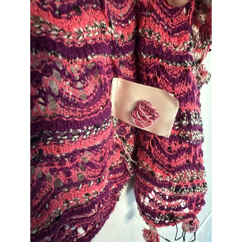 Anthropologie Moth Kasimira Open Knit Cardigan Pom Poms Pink Spring Lightweight - Image 8