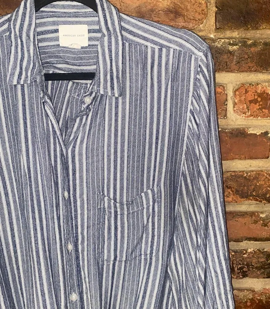 American Eagle Blue White Striped Tie Waist Long Sleeve Button Up Top Medium - Image 2