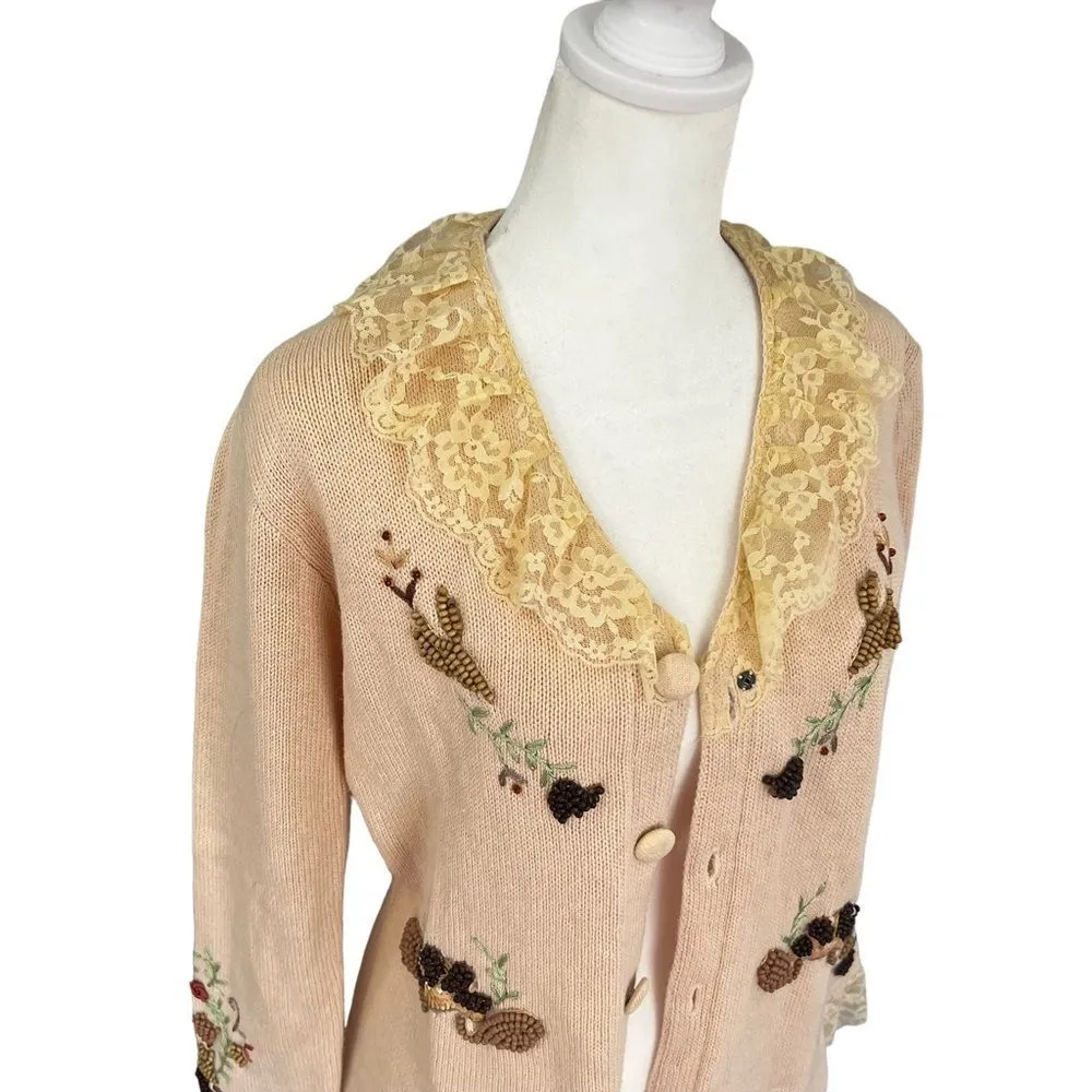 VTG StoryBrooke Knits Embroidered Beaded Lace Duster Cardigan XS Fall Cottagecor Pink - Image 3