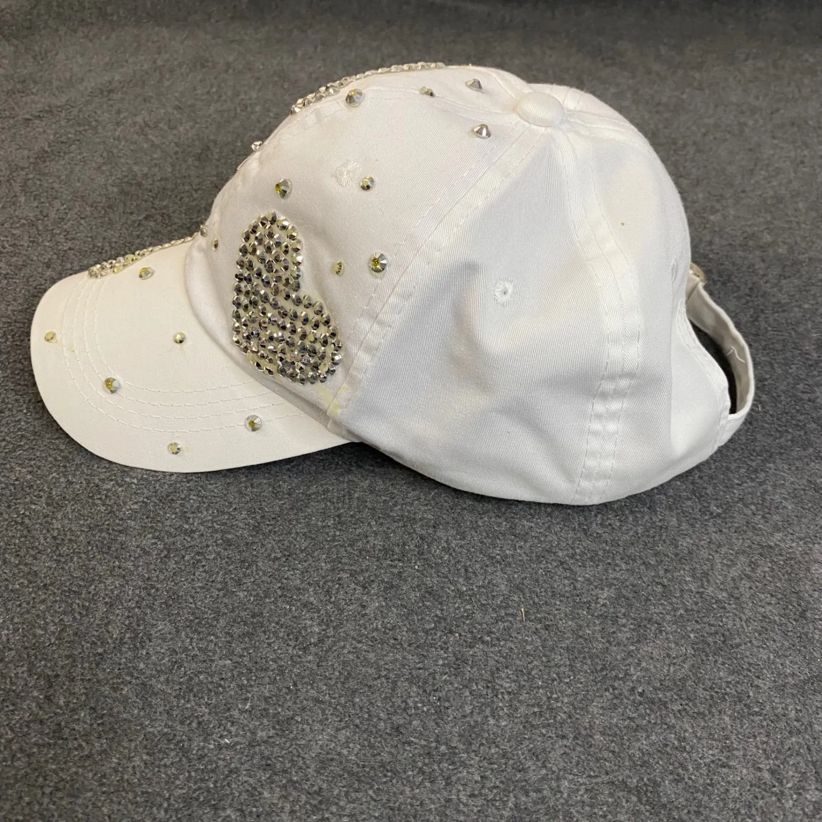 Rhinestone Heart Baseball Cap, Womens Studded Adjustable, Casual *Flaw GUC White - Image 3