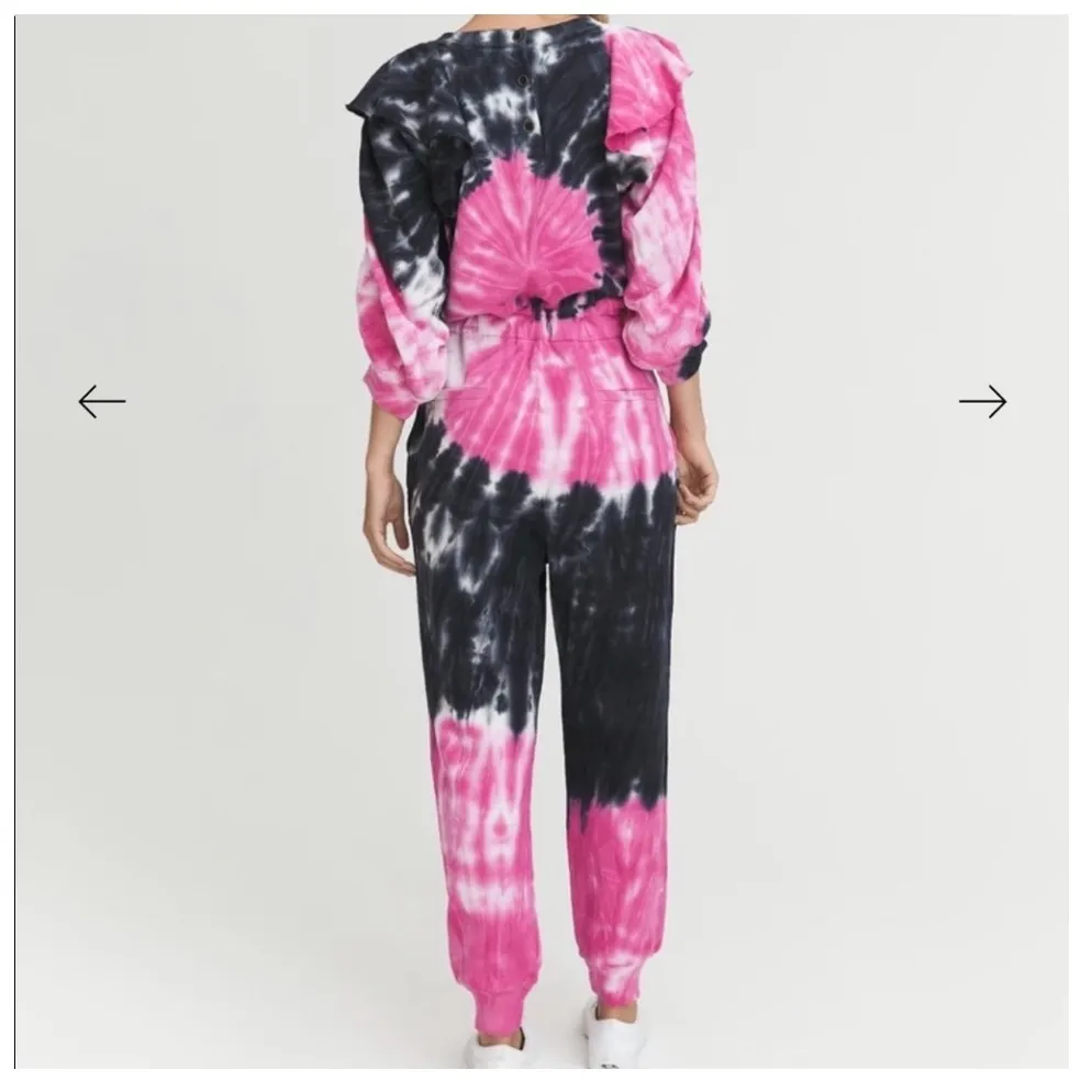 Something Navy Meghan Tie Dye Ruffle Sleeve Jumpsuit Pink Black Cotton XS - Image 2