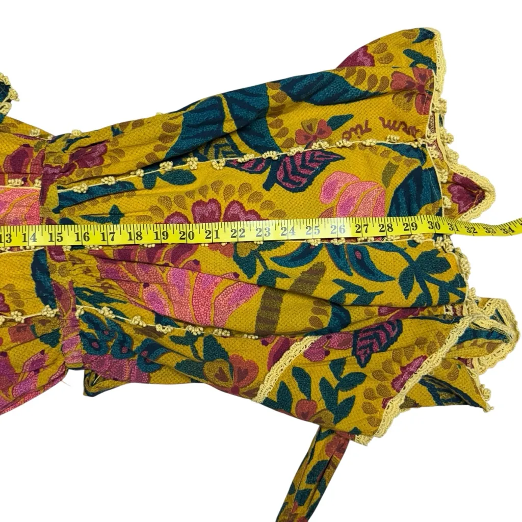 Farm Rio Flowerdoscopic Cotton Ruffle High Neck Floral Mini Dress Yellow Size XS - Image 15