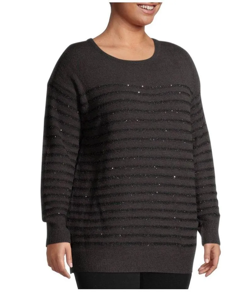 HEART N CRUSH Womens Sequined Sweater Size 2X Charcoal Side Slits Semi Loose New - Image 6