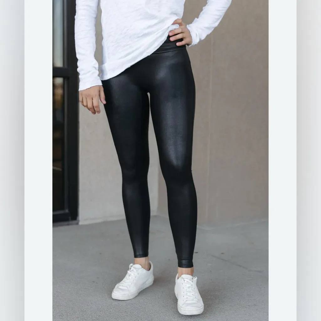 Spanx Faux Leather Black Leggings Stretch High Waist Athleisure Tummy Control M - Image 6