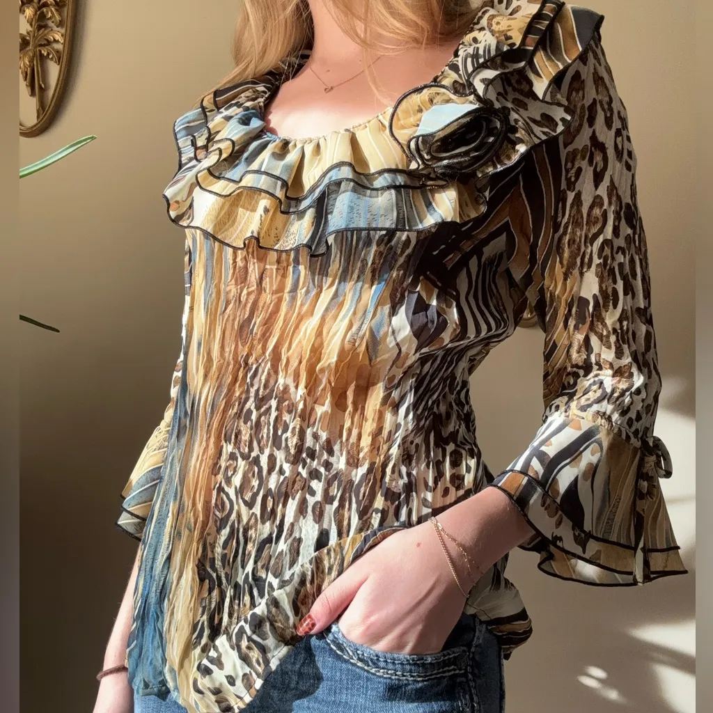 Jaipur Multicolor Animal Print Ruffle Blouse Yellow Size M - Image 6