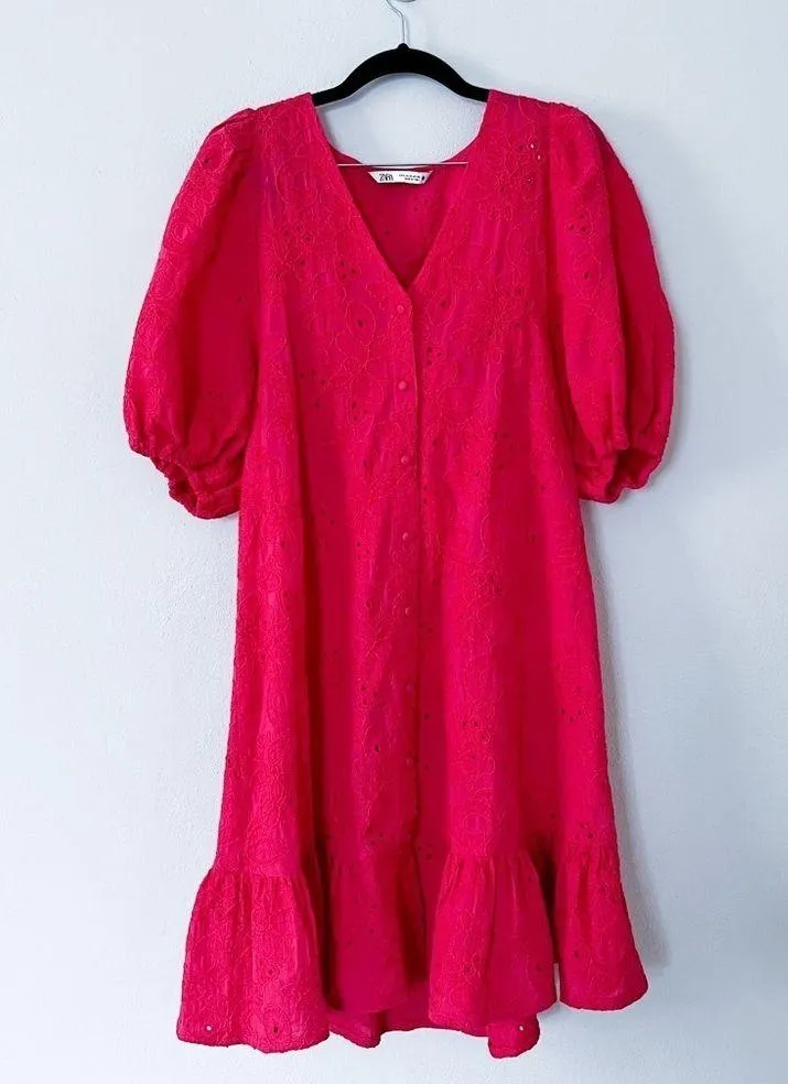 ZARA Eyelet Cotton Vibrant Pink Mini Dress Small - Image 4