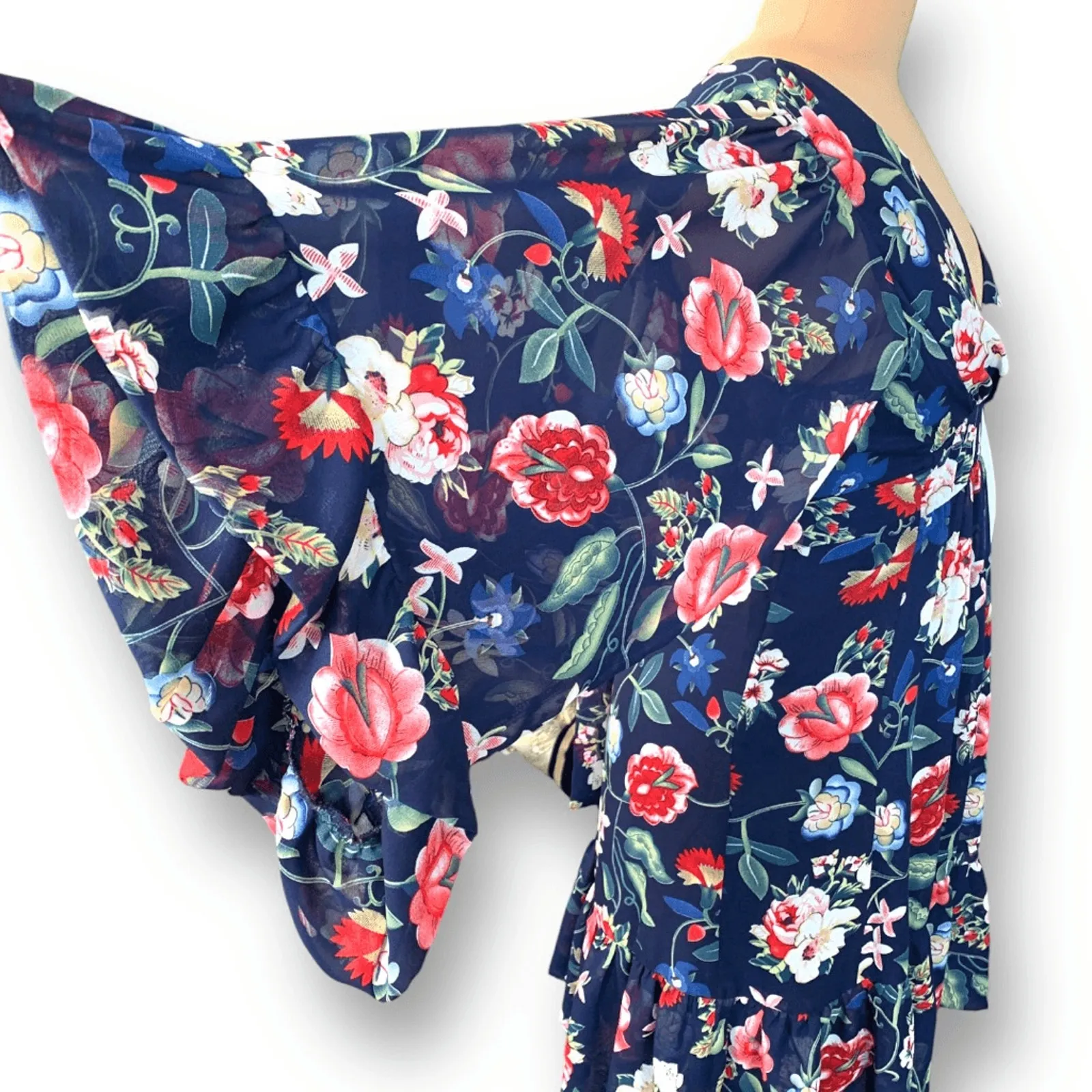 Betsey Johnson Bambi Garden Navy Floral Bell Sleeve Babydoll Mini Dress Size 6 - Image 6