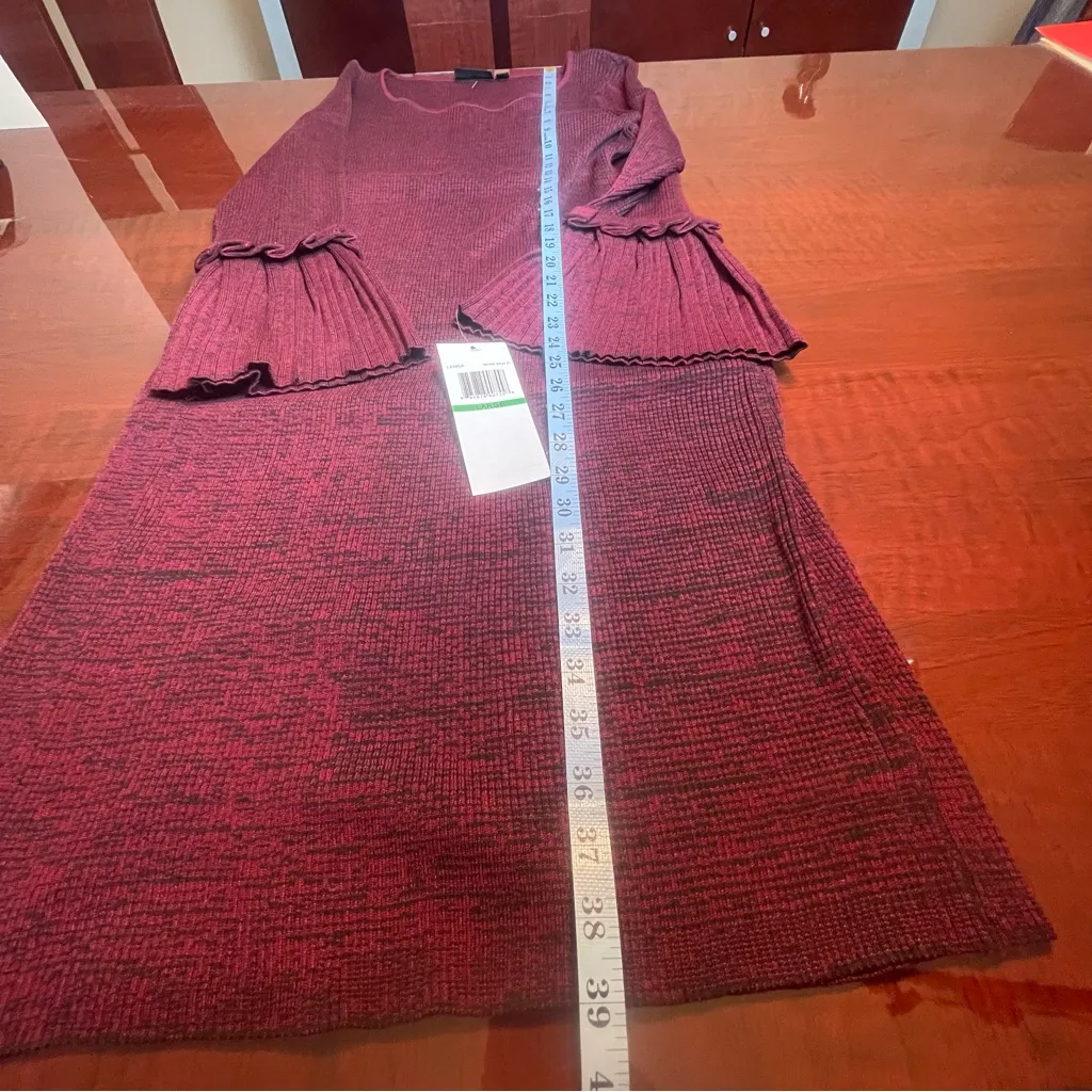 New Nina Leonard Bell Sleeve Midi Sweater Dress Wine Burgundy Ribbed Knit Sz L - Image 4