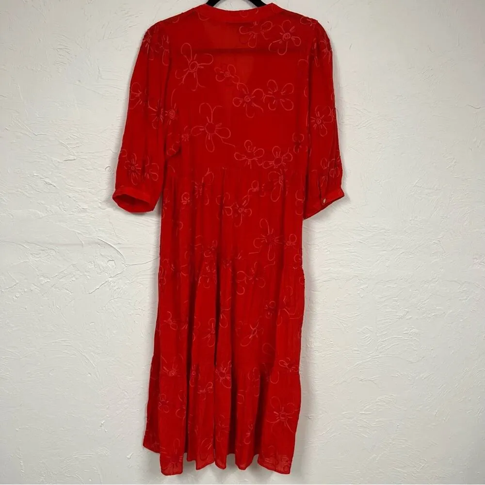Figueroa & Flower Red Floral Embroidered Midi Dress Womens M Tiered Boho Casual Size M - Image 5