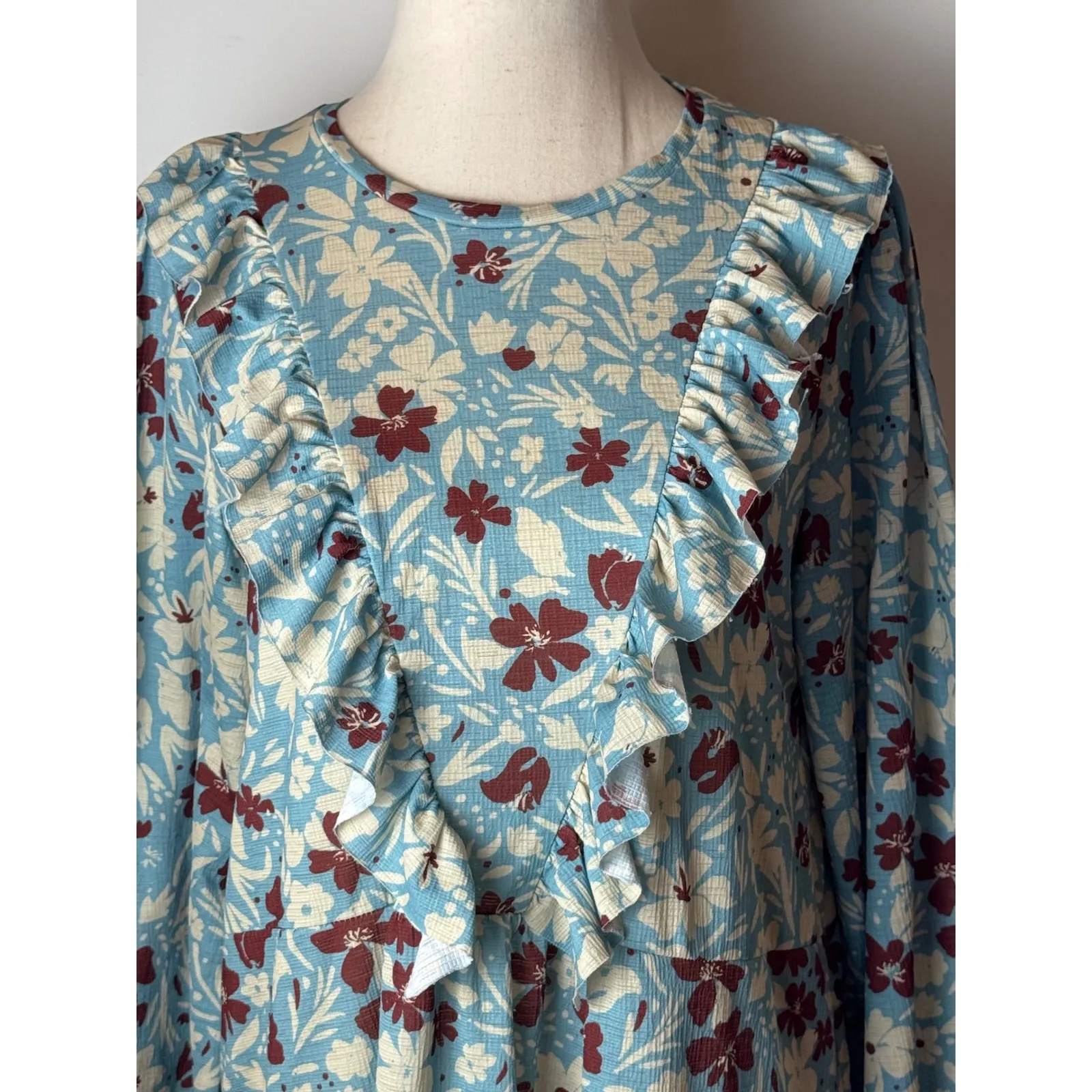 Zara Dress Women Small Blue Floral Ruffle‎ Long Sleeve Midi Boho Prairiecore - Image 9