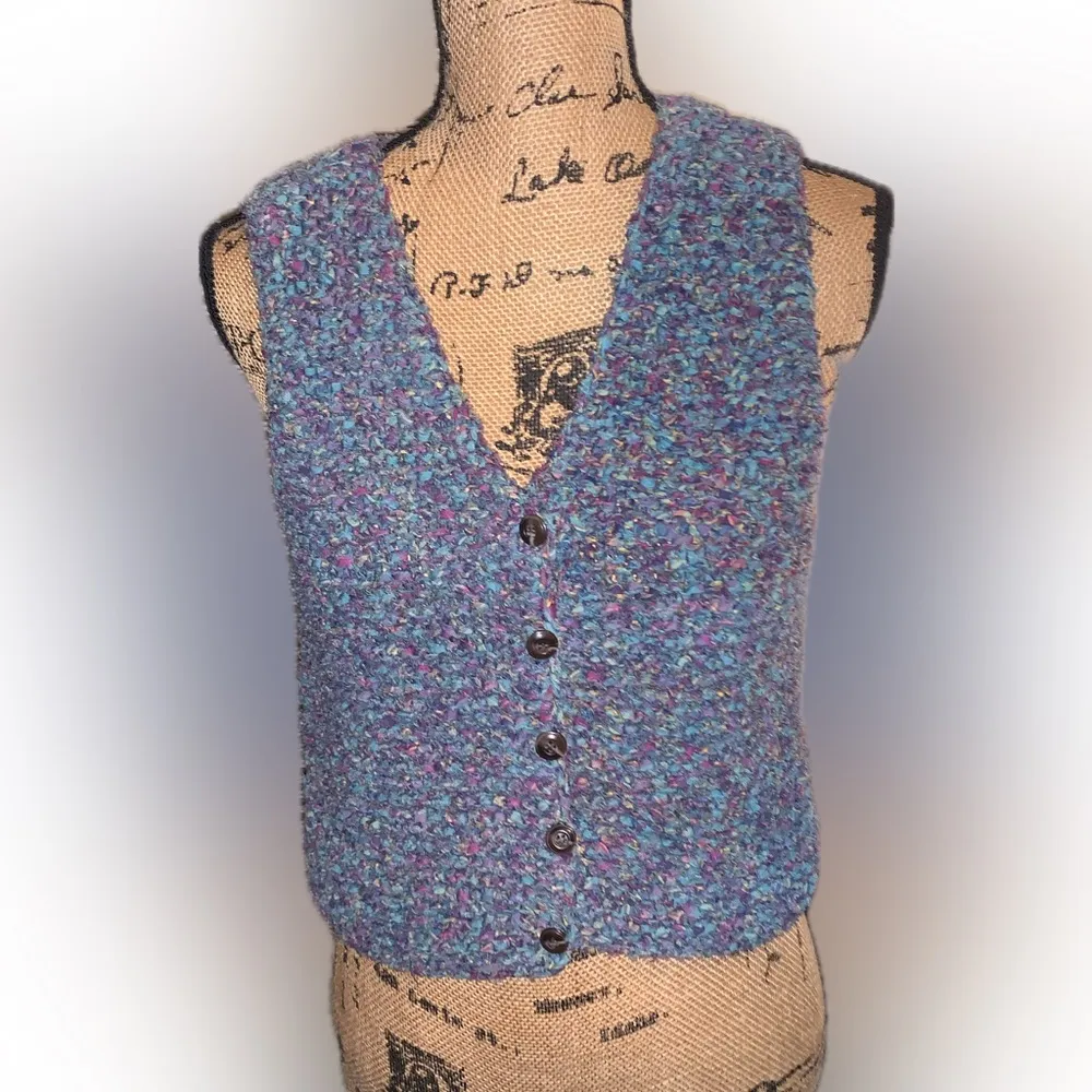 Vintage 90s Rag Knit Colorful Crochet Cotton Cropped Cardigan Sleeveless Vest S Blue - Image 11