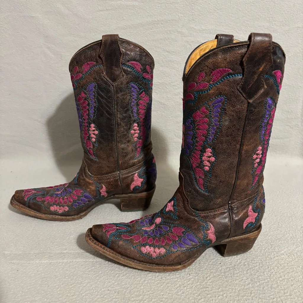 Corral Teens size 4T Brown Leather Embroidered Butterfly Western Boots snip toe - Image 2