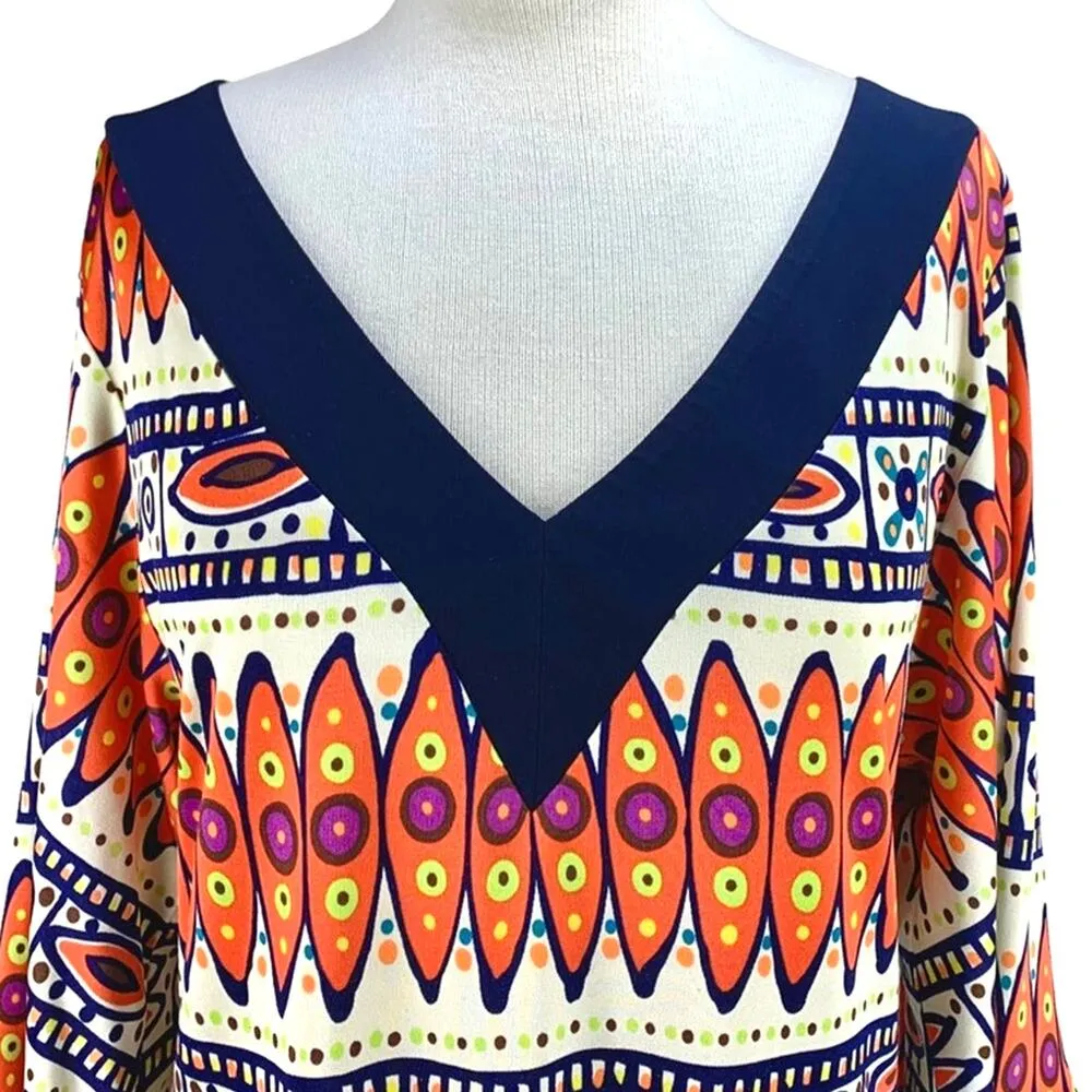 Trina Turk | Size 8 | Silk Multicolor Abstract Tribal Bell Sleeve V-Neck Dress - Image 3