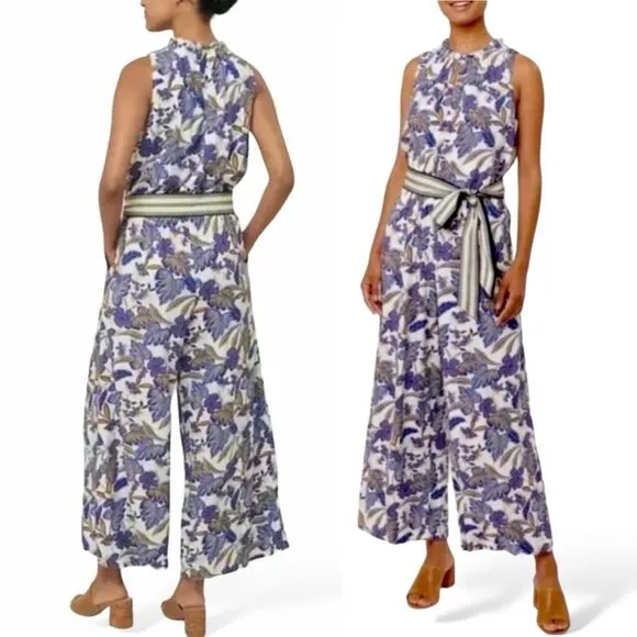 LOFT Floral Wide Leg Sleeveless Belted Jumpsuit Tropical Ivory Purple Size Large - Image 2