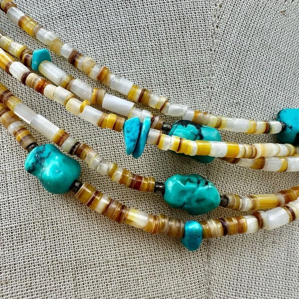 Peyote Bird 5 Strand Turquoise yellow beaded Bead Necklace sterling clasp Blue - Image 2