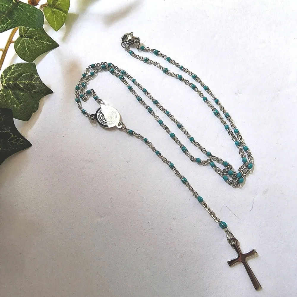 Silver and Turquoise Dainty Rosary Style Necklace Blue - Image 2