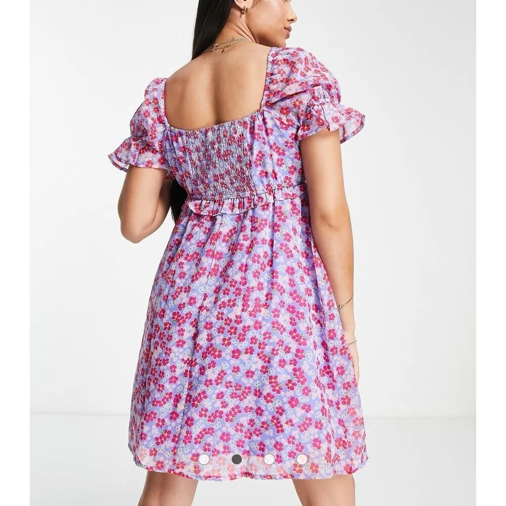 Maternity ruched bust mini short sleeve tea dress in purple floral size M - Image 4