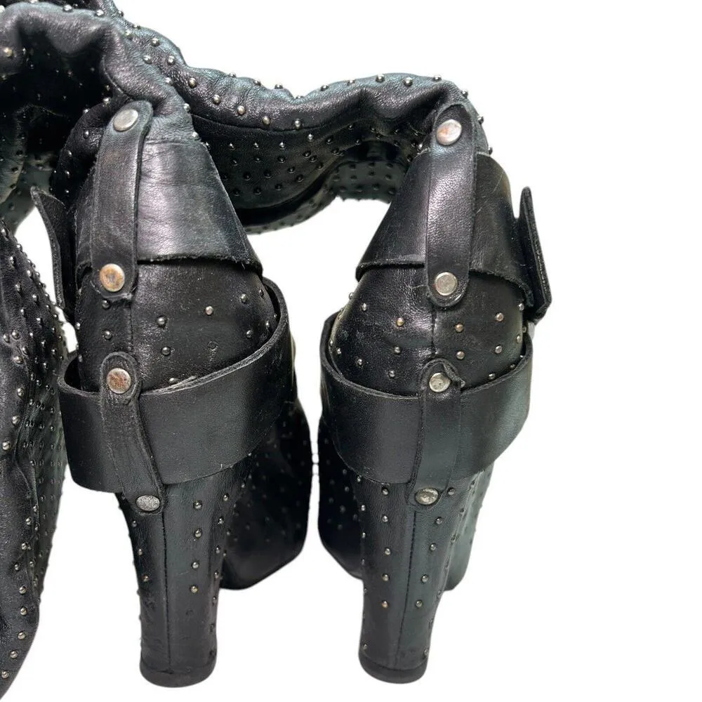 Sam Edelman Black Leather Studded Over-the-Knee Wedge Boots Buckle - Women’s 7.5 - Image 8