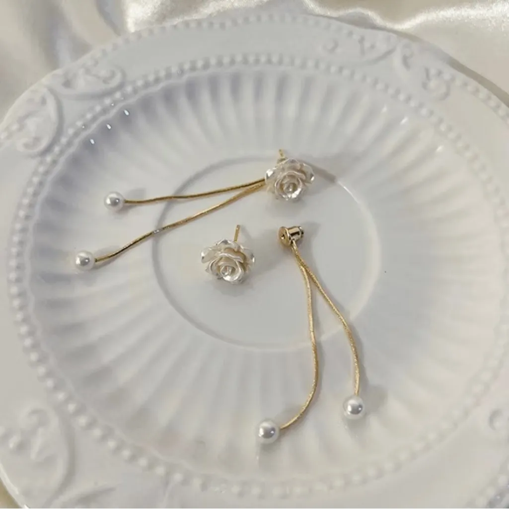 Faux Pearl Flower Tassel Gold‎ Plated Earrings Alloy Dangle Jewelry Accessories Gold - Image 4