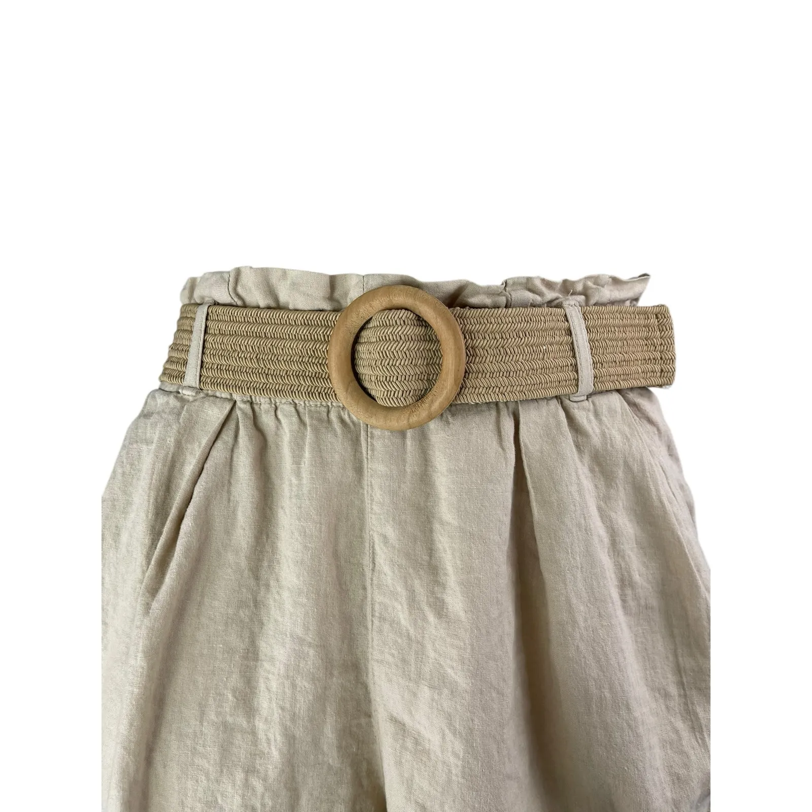 Zara Women's Beige High Waisted Belted Wide Leg Paper bag Mini Shorts Size XS - Image 3