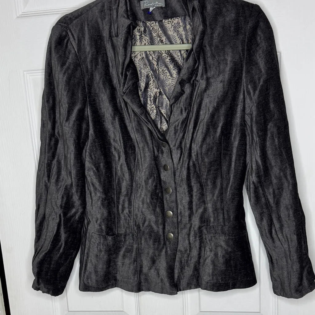 Rodika Zanian Paris Gray Metallic Velvet Blazer Made in France Size 40 Black - Image 2