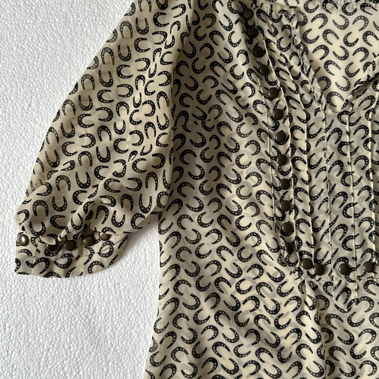 Angie Women Cream Black Short Sleeve Equestrian Brass Stud‎ Top Horse Small - Image 2