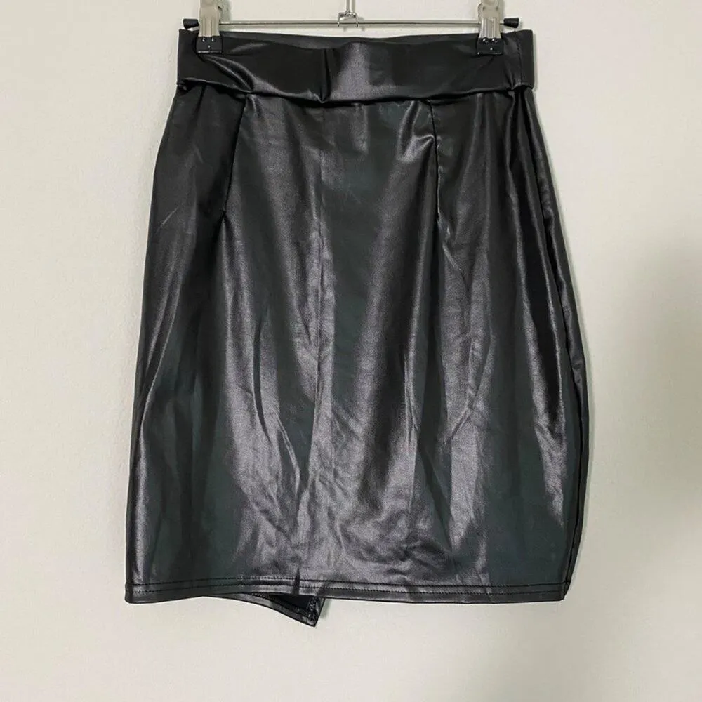 Vegan Leather sz XS black faux wrap fitted mini‎ skirt - Image 6