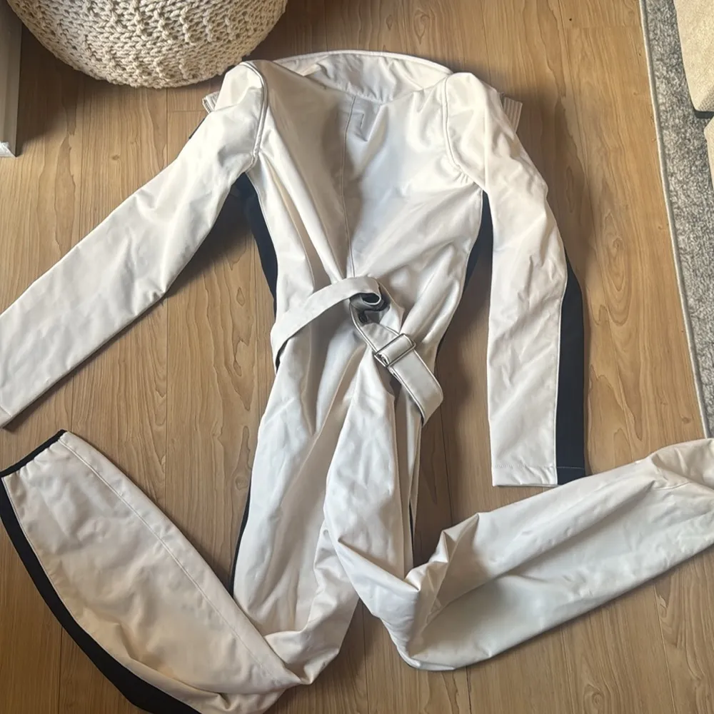 Belted One Piece Fleece Lined Ski Suit Jumpsuit Snowbib White w/ Sporty Stripes - Image 6