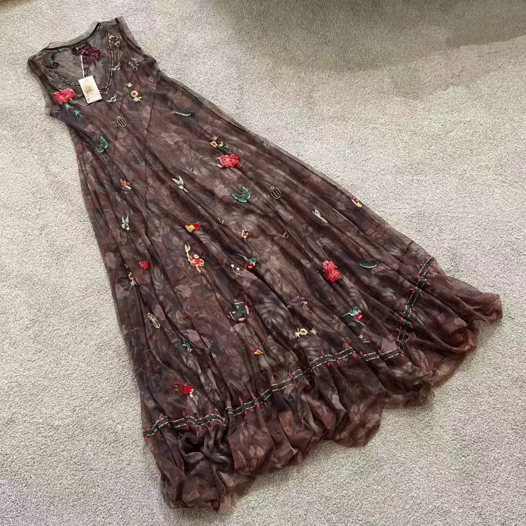 NWT $395 JOHNNY WAS BIYA Nyah Embroidered Mesh Maxi Tank Dress Size S - Image 2