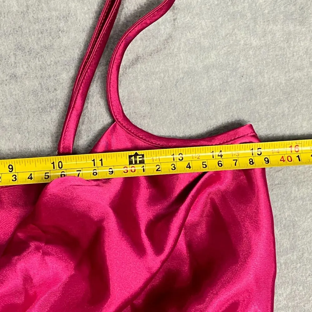 Vtg Y2K Bebe Satin Slip Dress Women Med Pink Cowl Neck Midi Drapey Romantic Prom - Image 7