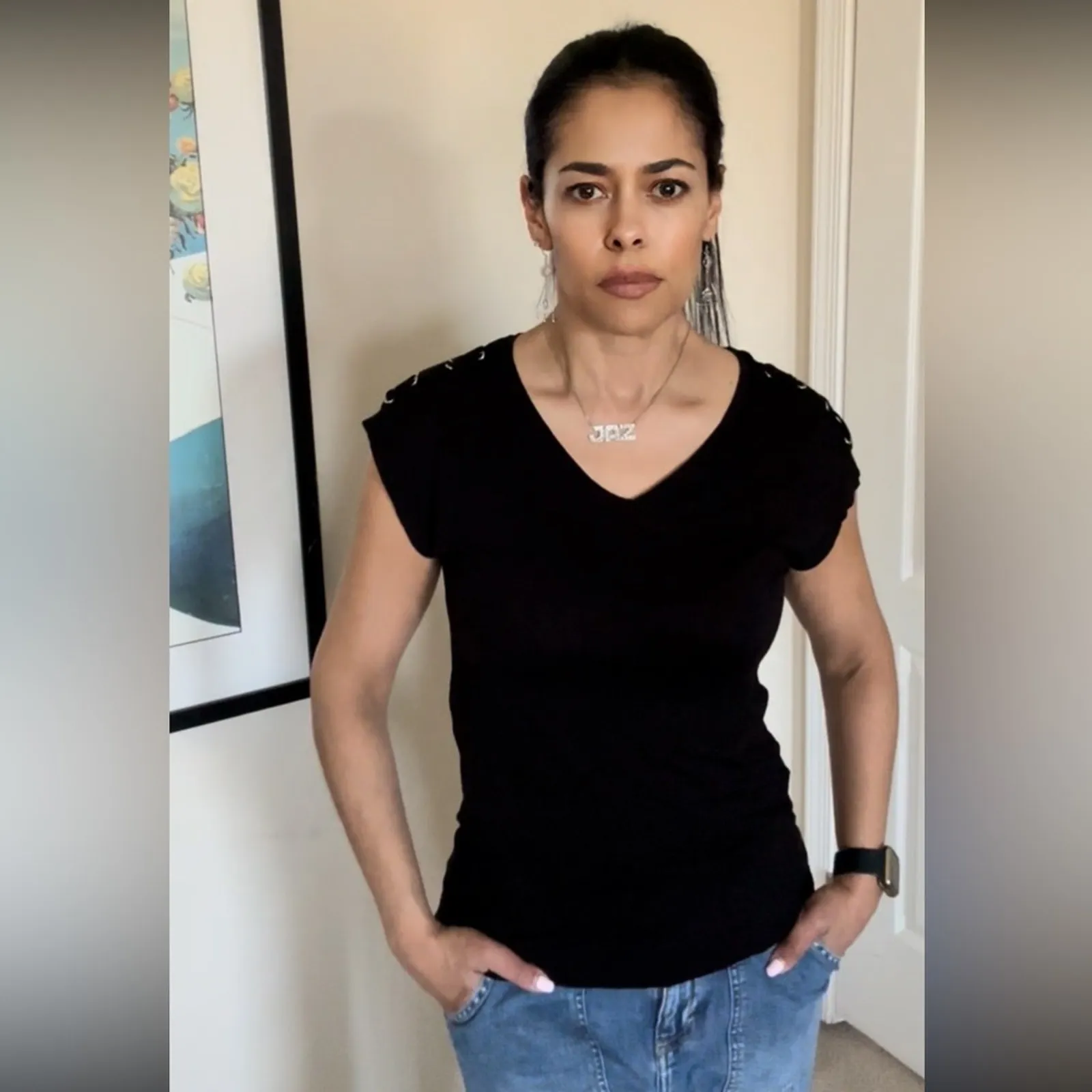 Atmosphere Black V neck short sleeve top size 2 - Image 3