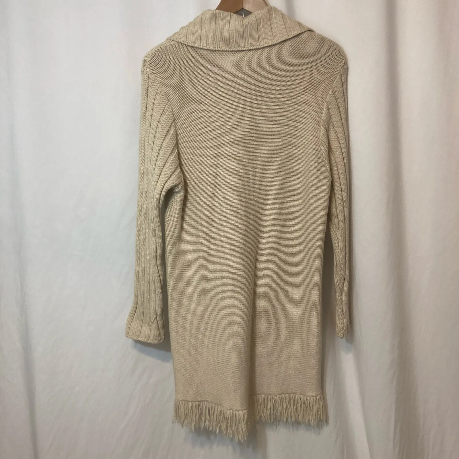 Vintage Sirio Italy Merino Wool Knit Beige Cream Button Fringe Cardigan Sweater Size L - Image 11