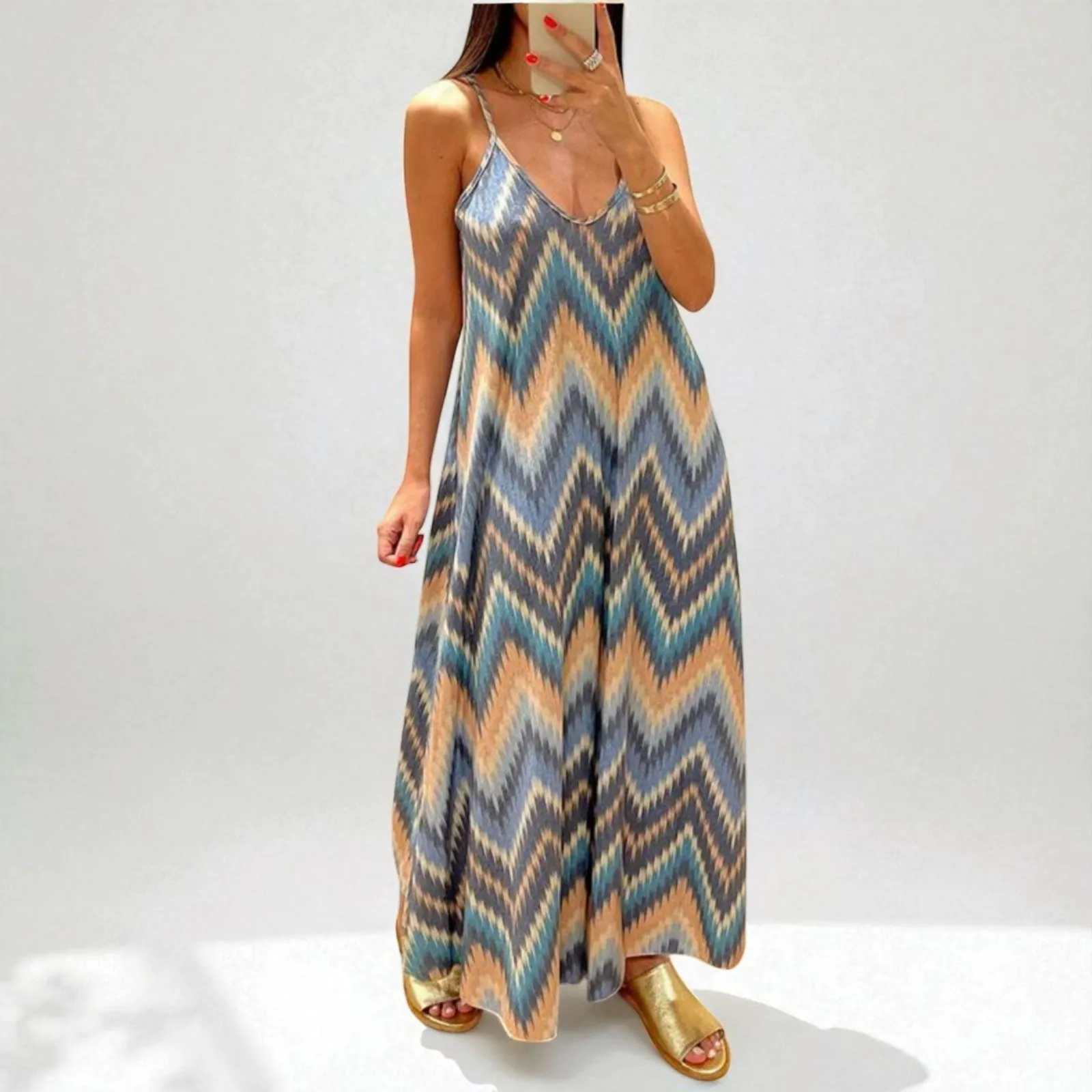 Coco Made Italy L Zigzag Ikat Print Maxi Dress Blue Size L - Image 14