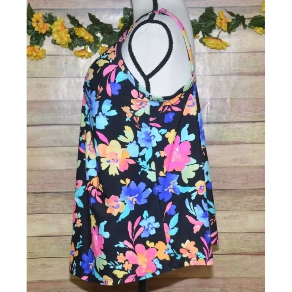 Island Escape Ladies Full Bust Tankini Bright Floral Print Size 14 Summer Beach Black - Image 4