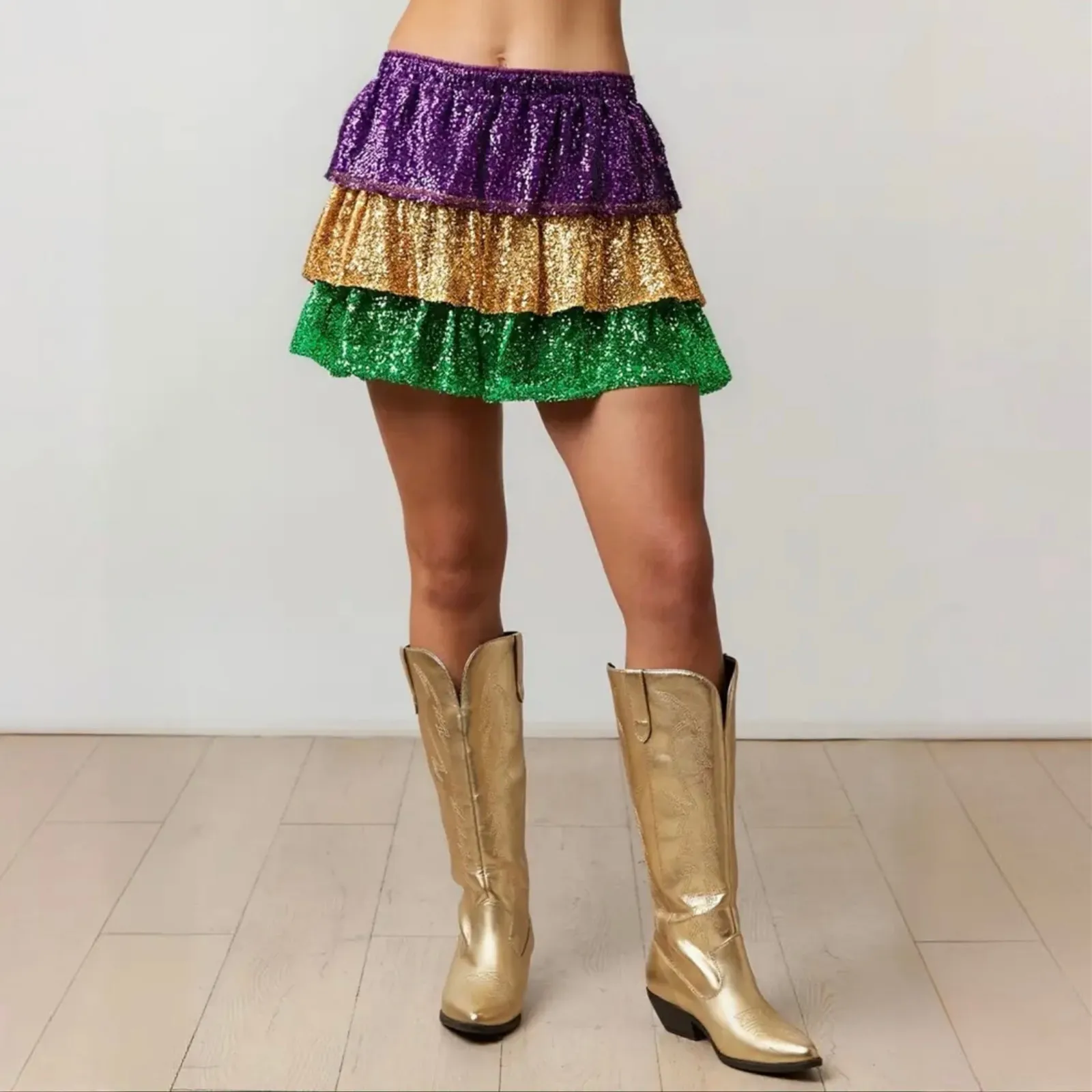 NEW Mardi Gras Sequin Tiered Party Skirt Purple Green Gold Layered Sparkle Small - Image 4