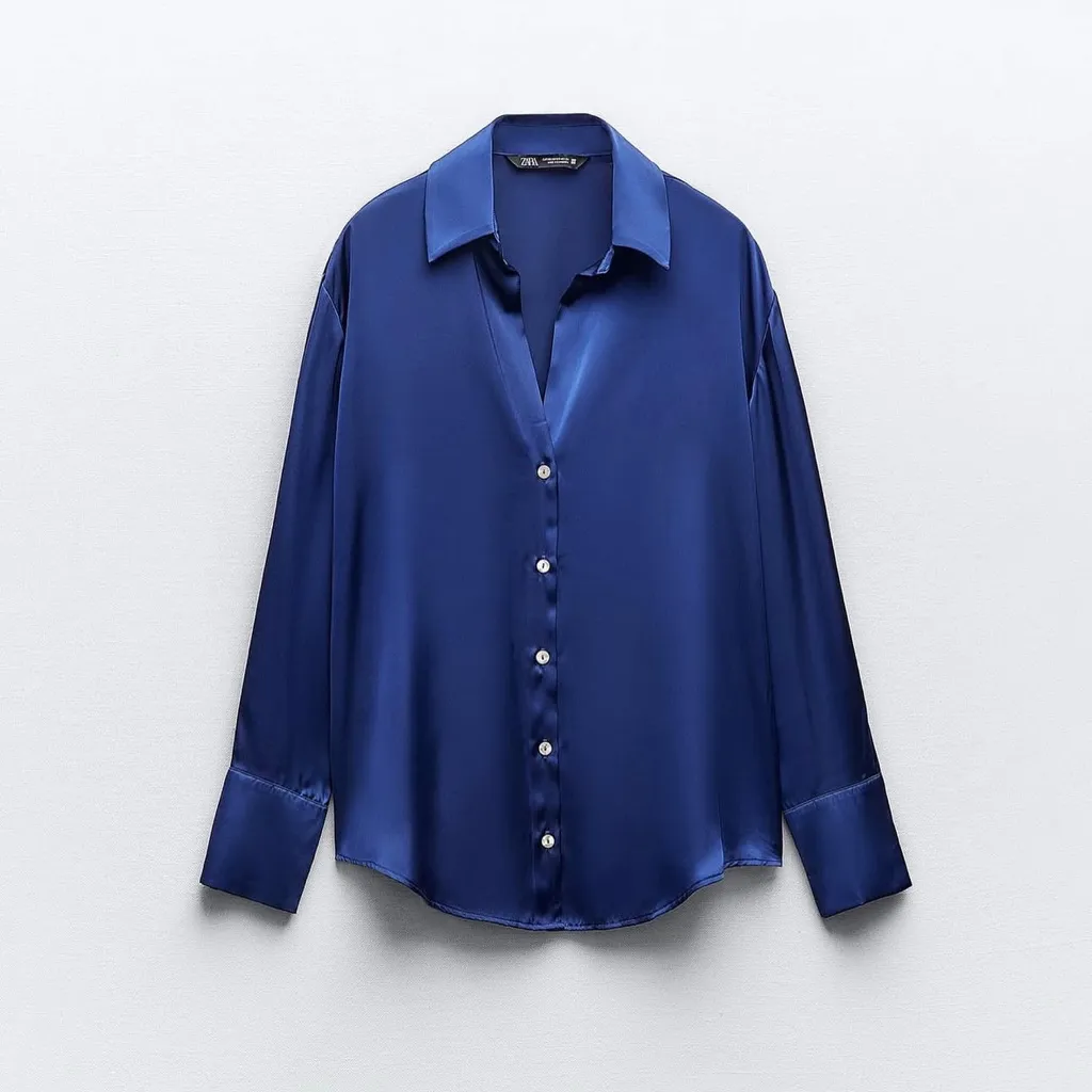 Zara Satin Effect V Neck Button Down Shirt Navy Blue sz Small - Image 6