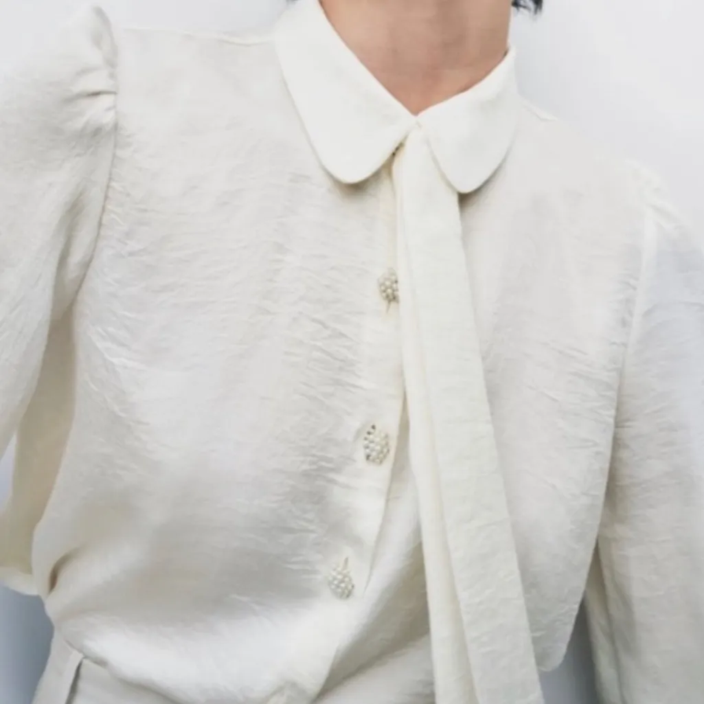 ZARA NWT | Pearl Button Ivory Tie Blouse  - Image 2