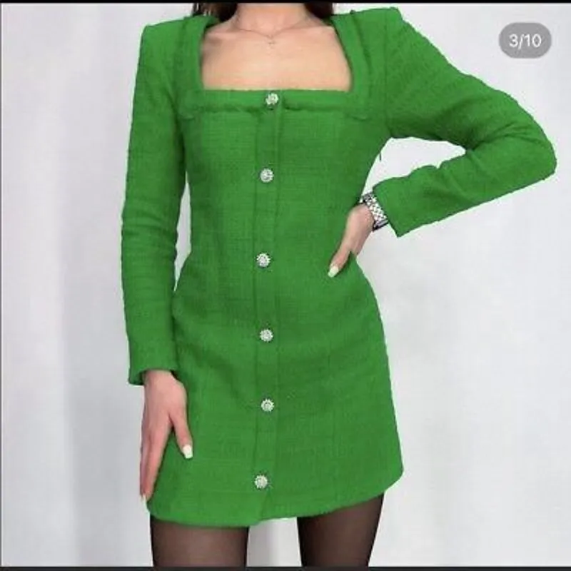 ZARA Green Textured Weave Boucle Tweed Dress with Crystal Buttons 4661/325 - Image 5